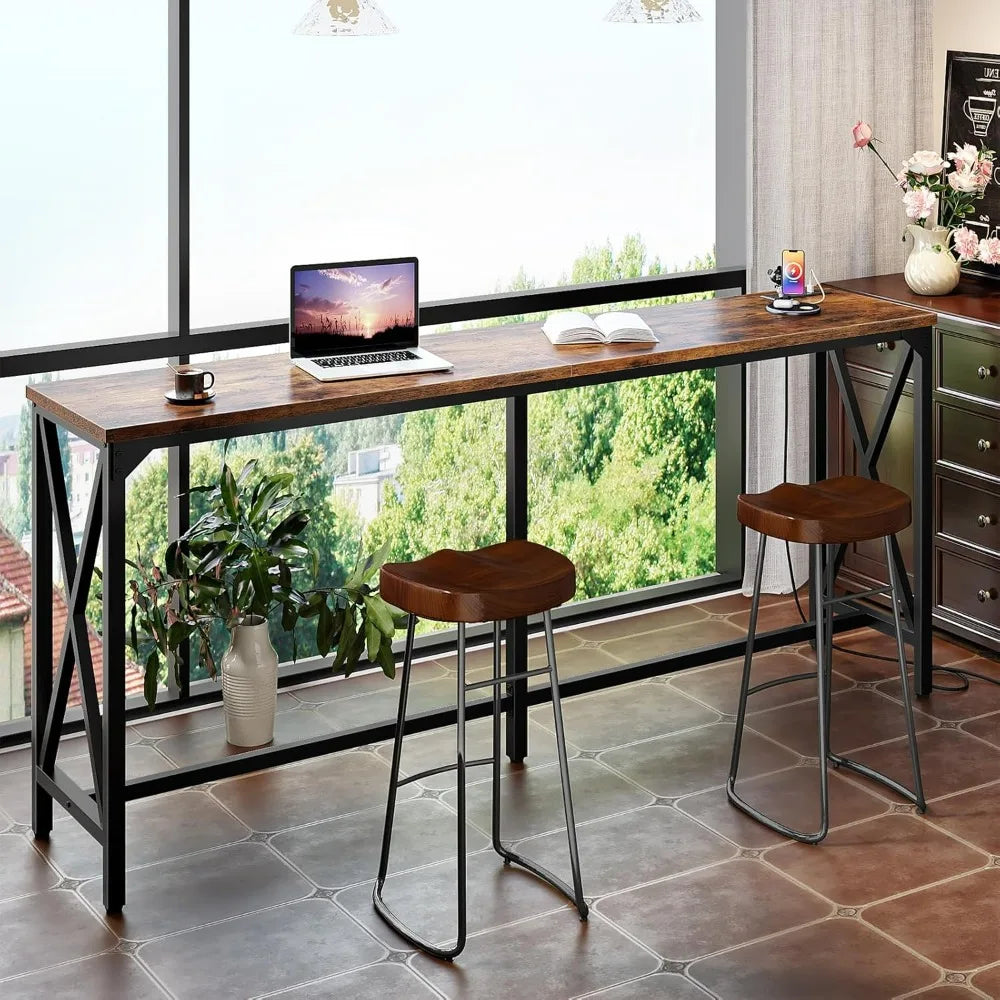 Kitchen Dining Table with Power Outlet and Footrest, Industrial Style, for Pub, Living Room, Rustic Brown and Black TBT08UBF