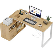 L Shaped Desk with Drawers&Shelves, 55'' Corner Computer Desk with Power Outlets, Reversible PC Table with Storage File Cabinet