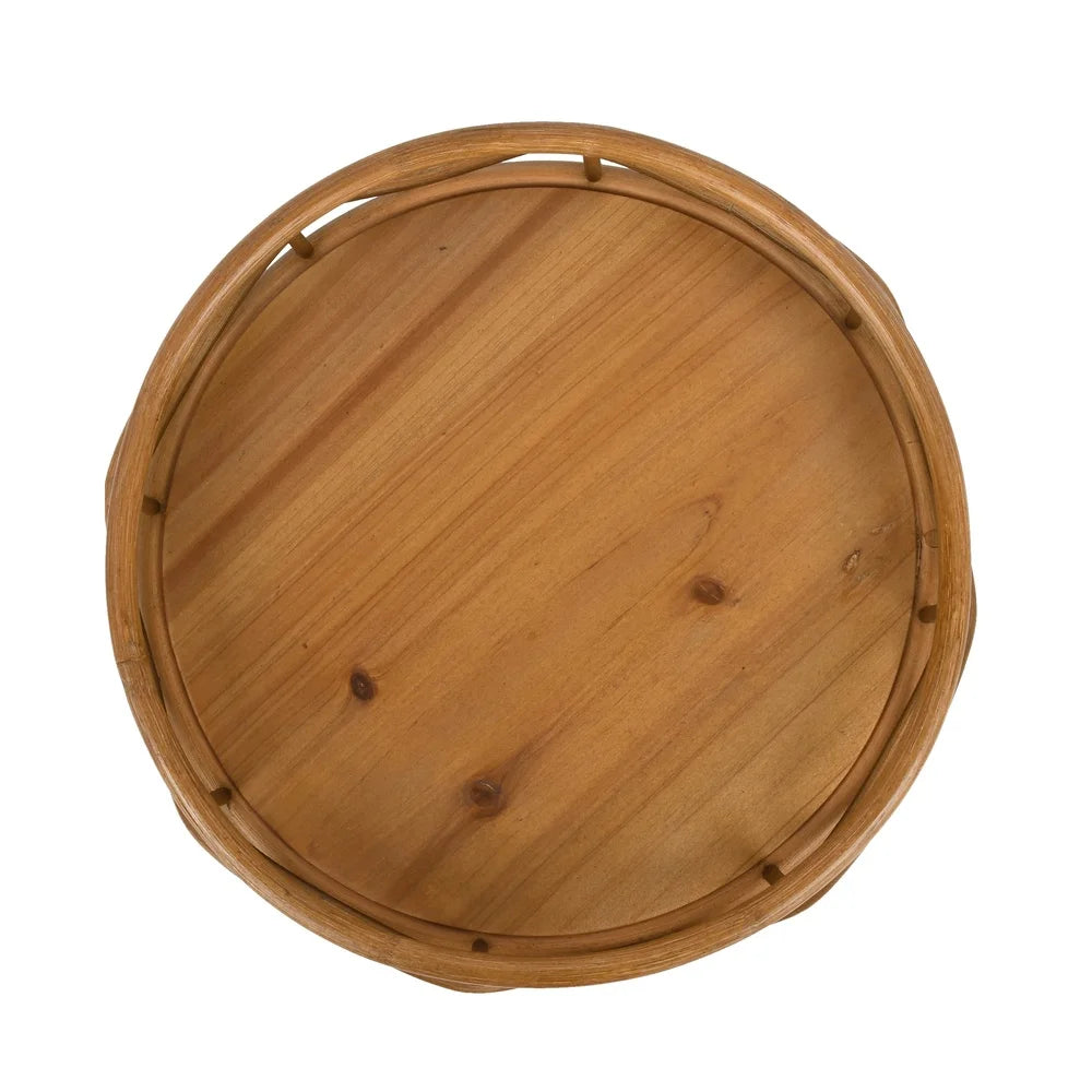 Rustic Rattan Plant Stand Round Weather Resistant Indoor Outdoor Display Holder Wooden Flower Pot Stand Home Garden Décor