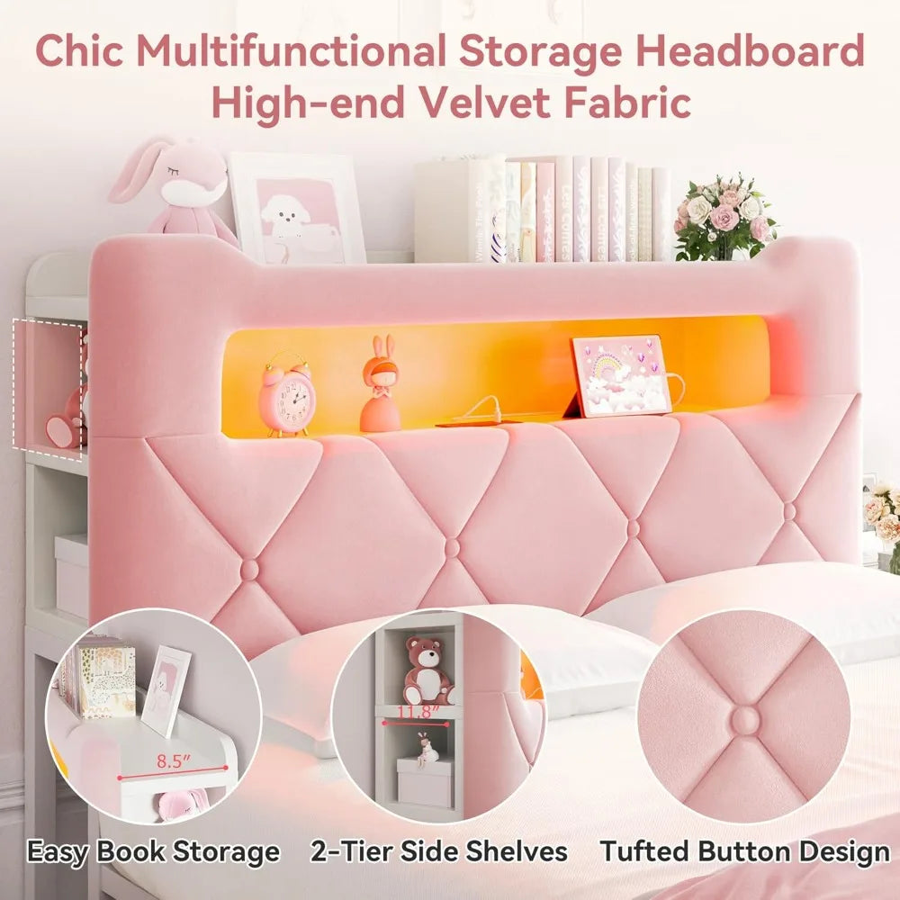 Queen Upholstered LED Bed Frame with 2 Storage Drawers and 2-Tier Storage Headboard,Velvet Princess Platform Bed with Charging