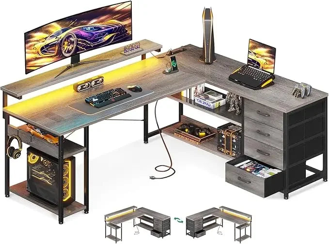61" L Shaped Desk with Drawer, Computer Desk with Power Outlets & LED Lights, Reversible Corner Gaming Desk