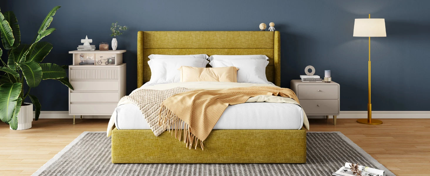 Lift Up Storage Bed with Wingback Headboard and Large Underneath Storage