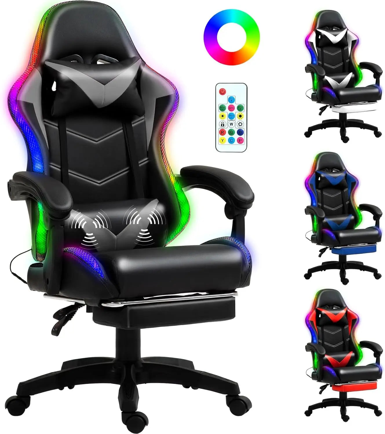 Racing Style RGB LED Lights Gaming Chairs for Adults and Kids with Lumbar Massager