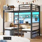 Twin Over Twin Bunk Bed with Led Lights and Charging Station Convertible Loft Bed Twin Size with Desk and Seat Metal Bunk Bed w