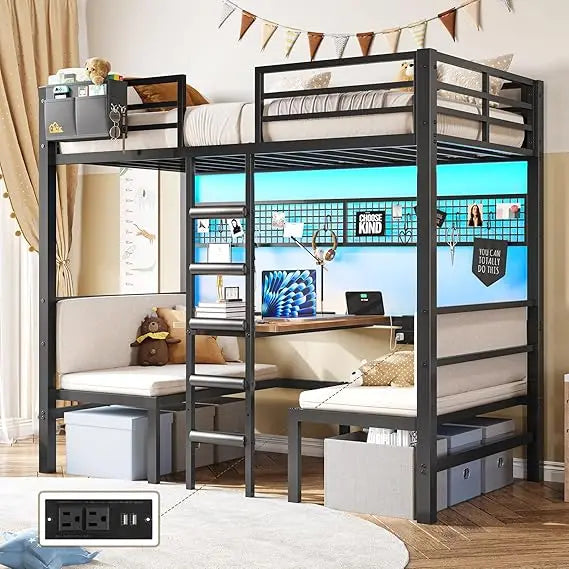 Twin Over Twin Bunk Bed with Led Lights and Charging Station Convertible Loft Bed Twin Size with Desk and Seat Metal Bunk Bed w