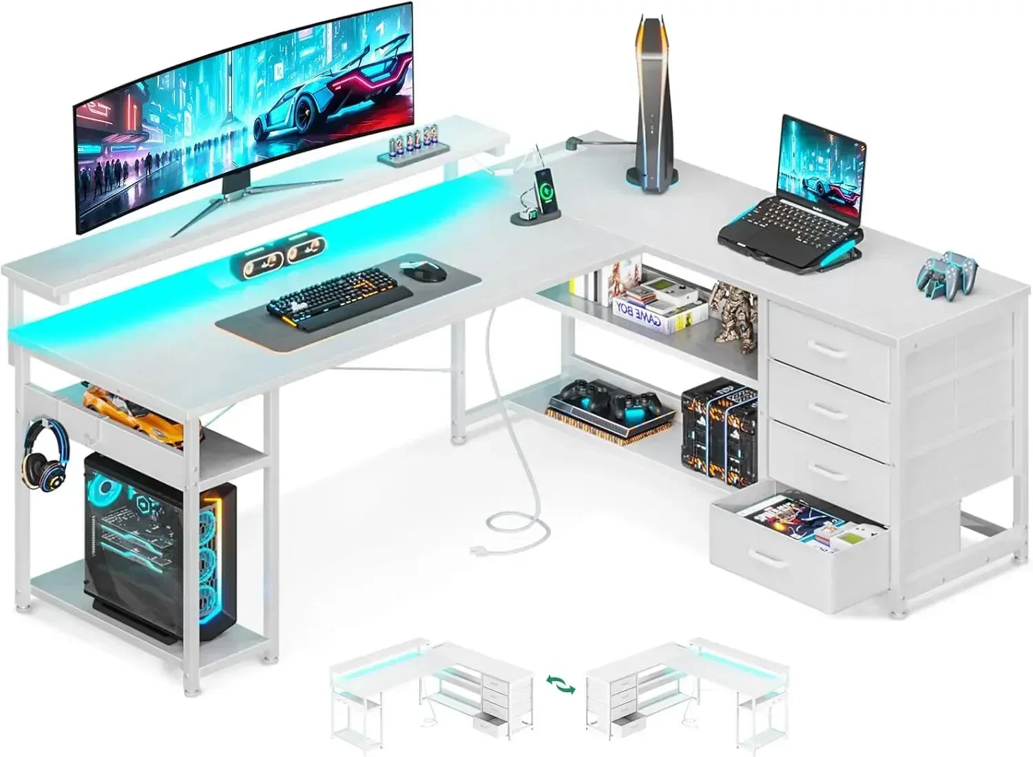 61" L Shaped Desk with Drawer, Computer Desk with Power Outlets & LED Lights, Reversible Corner Gaming Desk