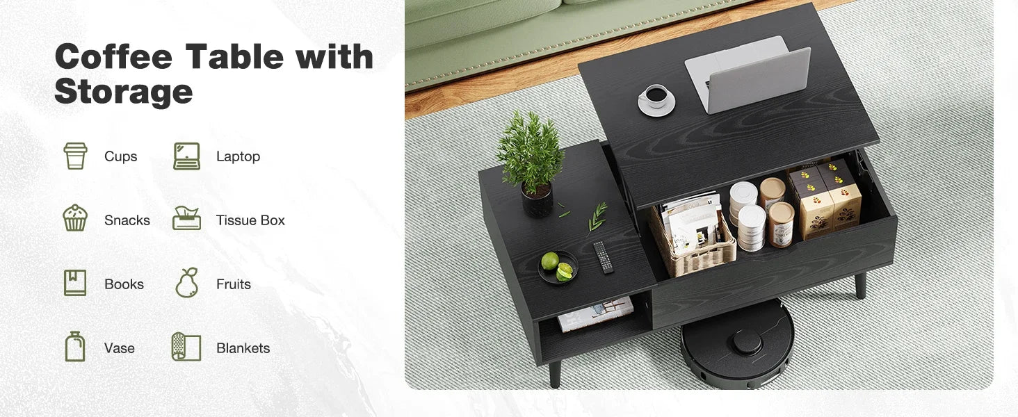 Wooden Coffee Table, Lift Top Coffee Table with Large Hidden Compartment and Shelf, Lift Tabletop Dining Table for Living Room