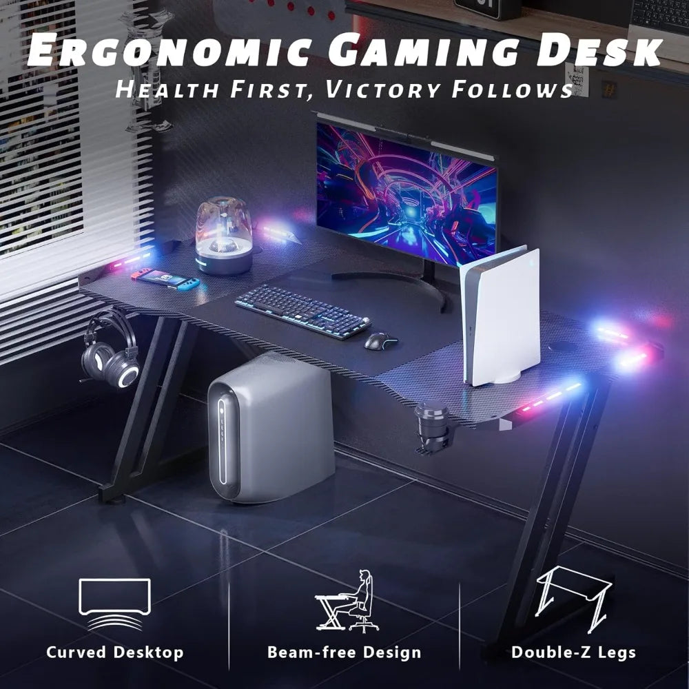 Ergonomic Gaming Desk with LED Lights and Carbon Fiber Surface