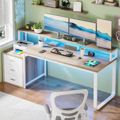 67" Computer Desk with 3 Drawers, Home Office Desk with Long Monitor Stand and Printer Space, Office Desk with Storage