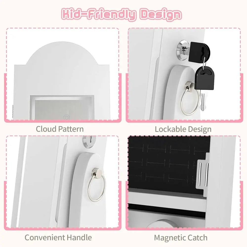Children’s LED-Lit Jewelry Armoire with Lockable Storage & Full-Length Mirror Vanity