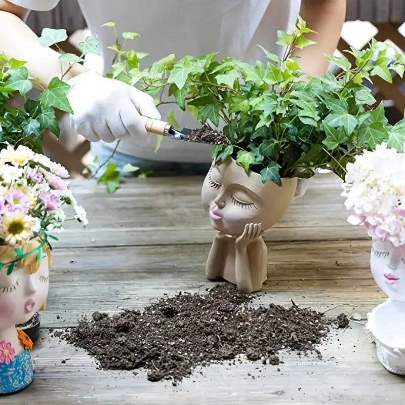 Shy Girl Face Planter, Creative Faux Human Resin Crafts, Multicolor Planter with Drainage Hole, Garden, Tabletop Decorations