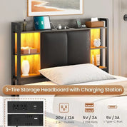 LED Twin Bed Frame w/Storage Drawers & Charging Station, Upholstered Bed Frame w/Headboard, No Box Spring Needed, Bed Frames