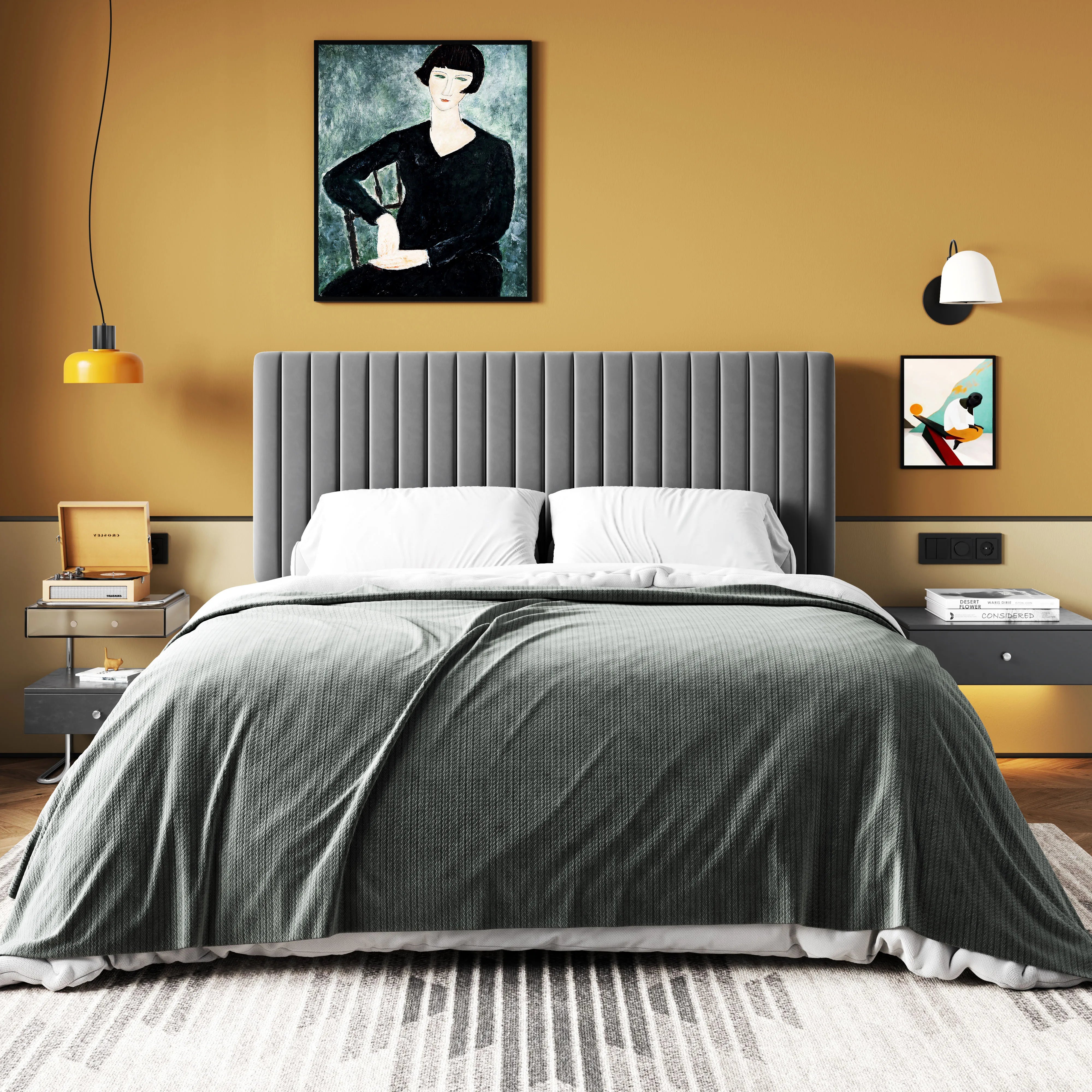 Upholstered Platform Bed Frame with Vertical Channel Tufted Velvet Fabric Adjustable Headboard