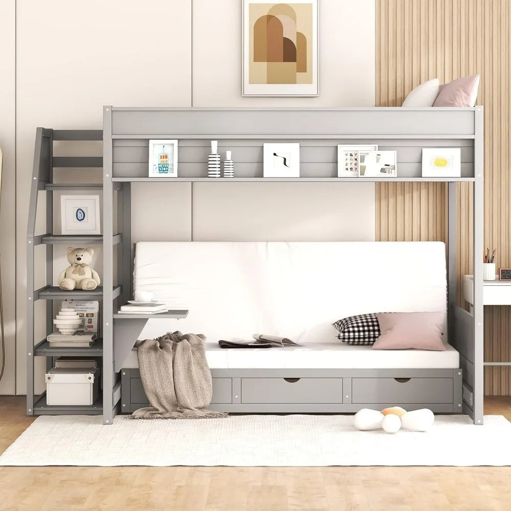 Full/Double Bunk Beds with Stairs, Built-in Small Shelf, and 3 Drawers