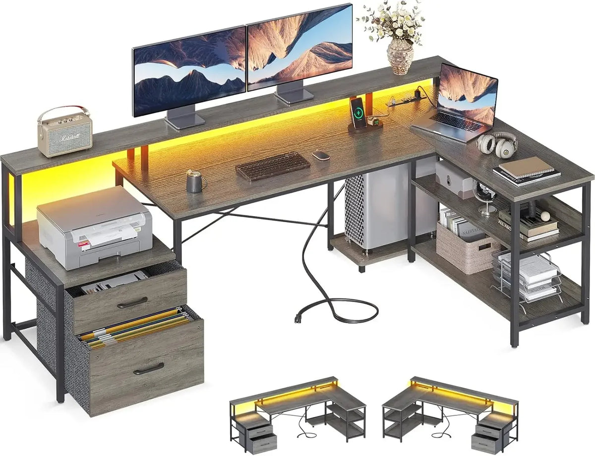 L Shaped Desk with File Drawer, 75" Reversible L Shaped Computer Desk with Power Outlet & LED Strip, Corner Desk, Grey Oak