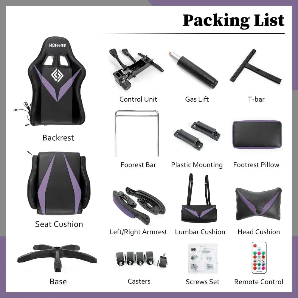 Gaming Chair with Massage and Led Lights Ergonomic Computer Gaming Chair with Footrest RGB Video Game Chair with High Back Lumb