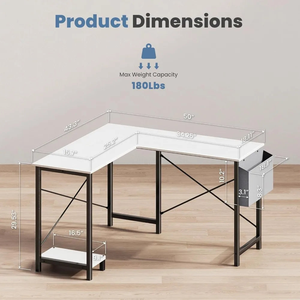 FurnishSpot™ L-Shaped Gaming Desk with Storage – 50” Corner Computer Desk for Home Office & Small Spaces