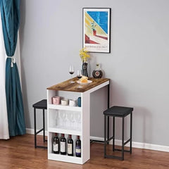 3 Piece Dining Table Set Kitchen Bar Table with Two Stool Storage Shelves Counter Height Table Top Dining Room Home