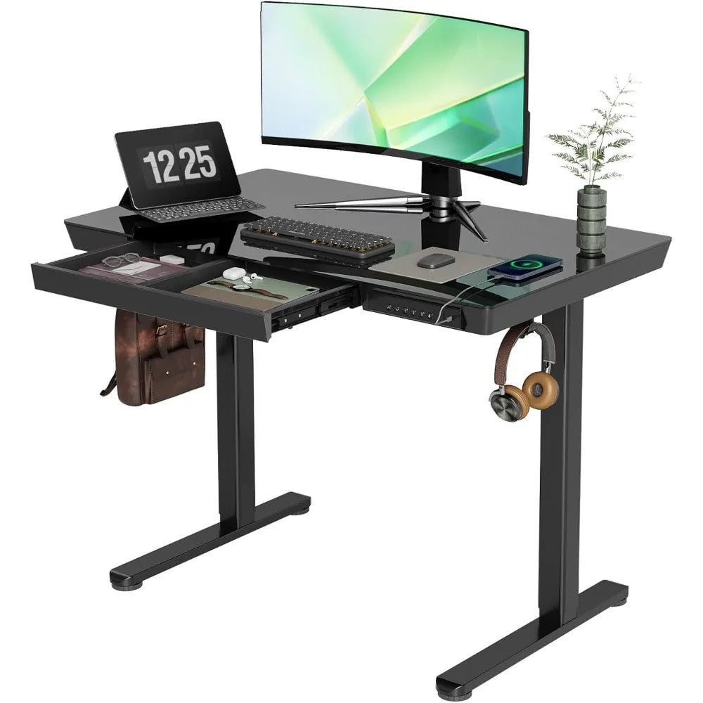 Glass Standing Desk with Drawers, 40 Inch Adjustable Stand Up Desk, Quick Install Home Office Computer Desk with USB Ports, Blac