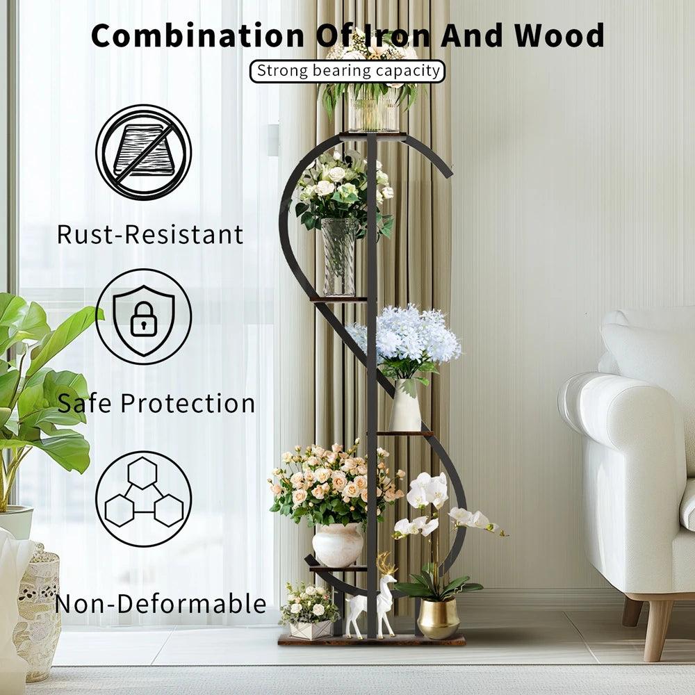 5-Tier S-Shaped Metal Plant Stand with MDF Shelves – Decorative Indoor & Outdoor Plant Display for Balcony, Living Room, Garden, Patio, or Porch