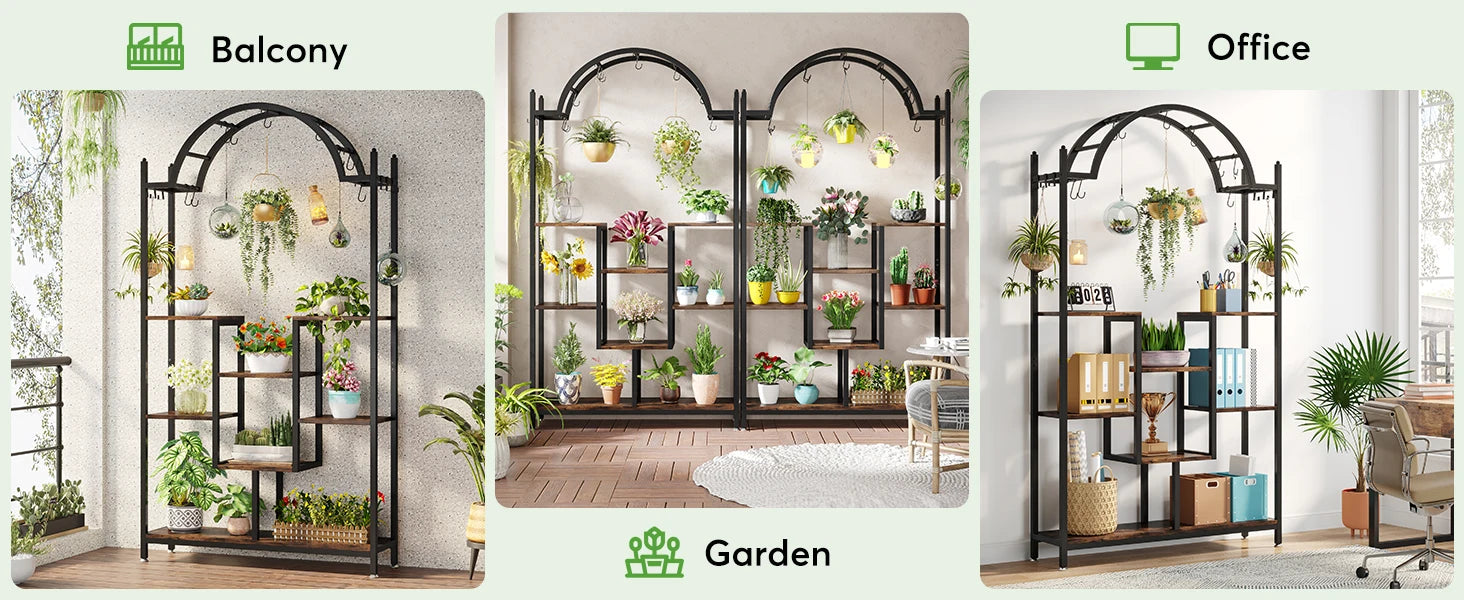 Tribesigns 5-Tier Tall Indoor Plant Stand, 74.8'' Arched Metal Flower Shelf with Hanging Hooks, Large Bonsai Pots Display Rack