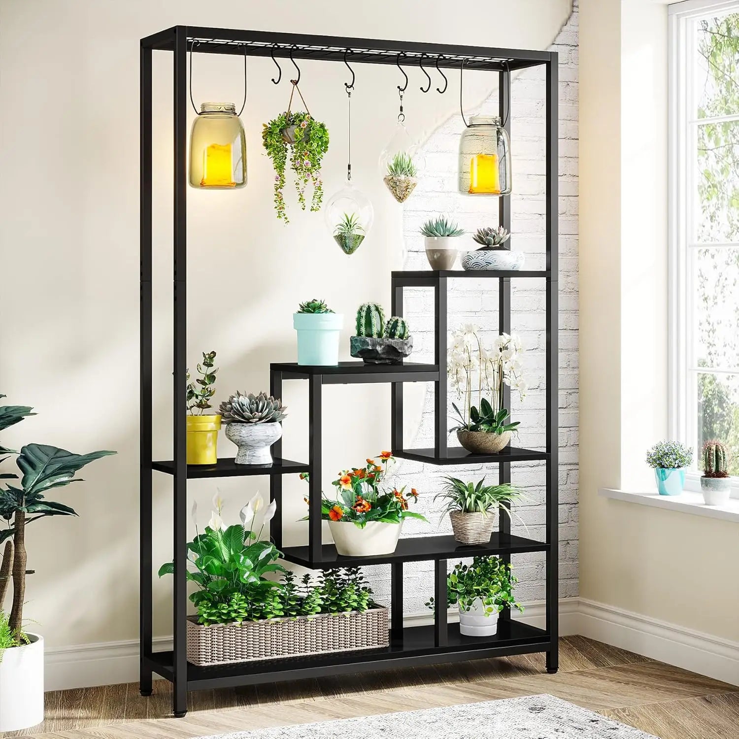 Indoor Plant Stand, 70.9 inches Large Metal Plant Shelf with 6PC S Hanging Hooks