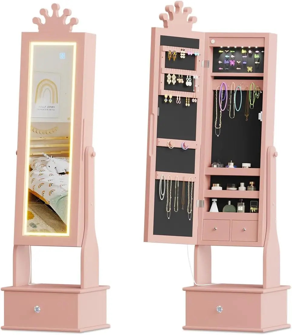 Freestanding Kids Jewelry Armoire with Full-Length Mirror, LED Light & 3 Storage Drawers