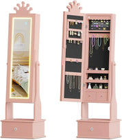 Freestanding Kids Jewelry Armoire with Full-Length Mirror, LED Light & 3 Storage Drawers