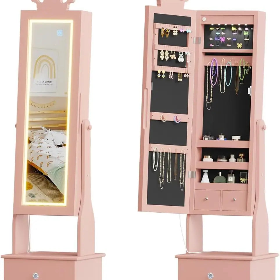 Freestanding Kids Jewelry Armoire with Full-Length Mirror, LED Light & 3 Storage Drawers