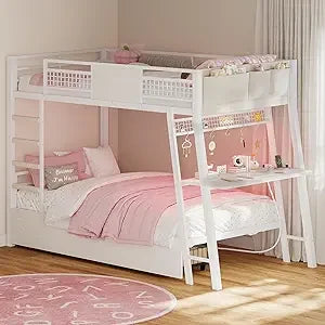 Bunk Bed with Desk, Twin Over Twin Metal Bunk Beds with Power Outlets, RGB LED Lights, 2 Larger Storage Drawers, Bed with Safety