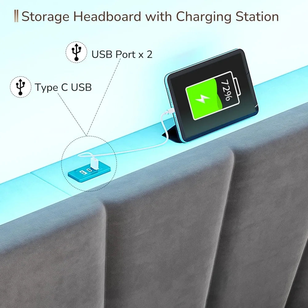 EnHomee King Size Bed Frame with Velvet Headboard and LED Lights, Storage Headboard Platform Bed with Charging Station, Sturdy W