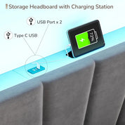 EnHomee King Size Bed Frame with Velvet Headboard and LED Lights, Storage Headboard Platform Bed with Charging Station, Sturdy W