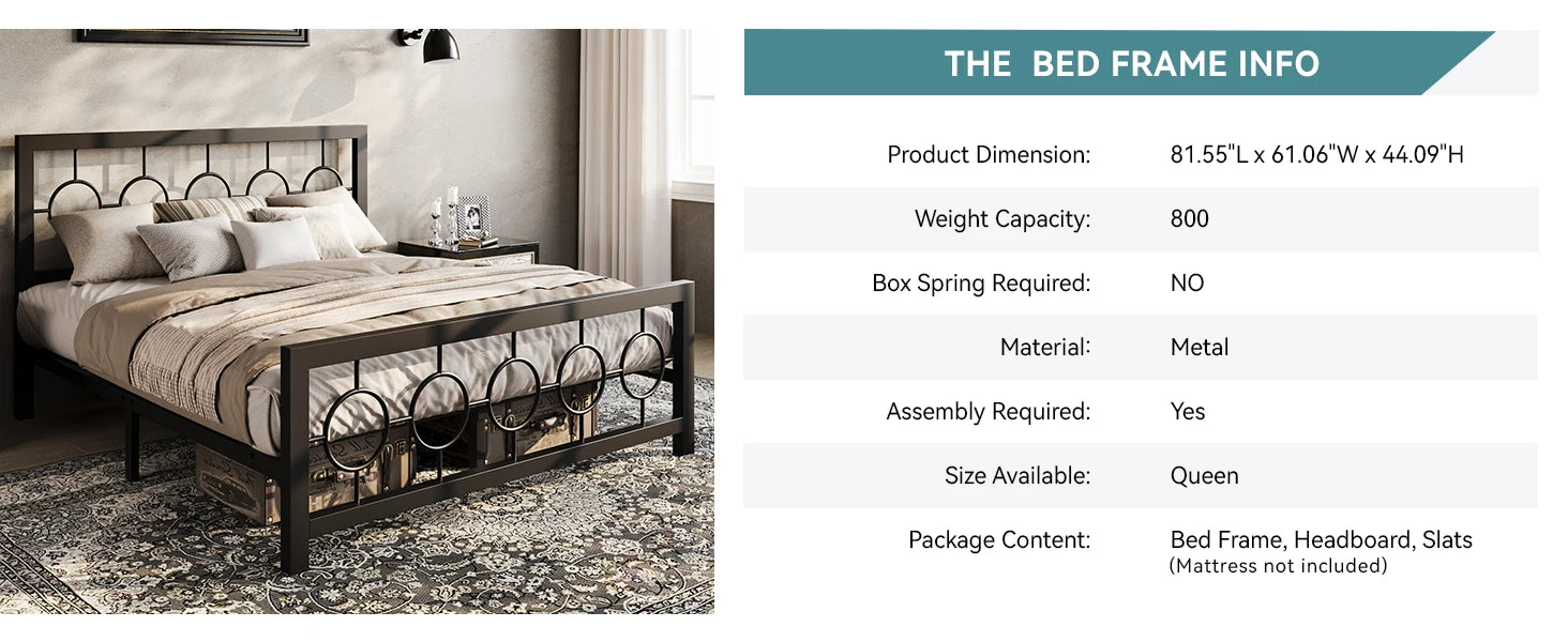 Metal Platform Bed Frame with Vintage Circular Design Headboard and Footboard
