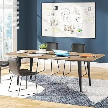 8FT Conference Table, 94.48L x 47.24W x 29.52H Inches Boat Shaped Meeting Table with Rectangle Grommet, Modern Seminar Boardroo