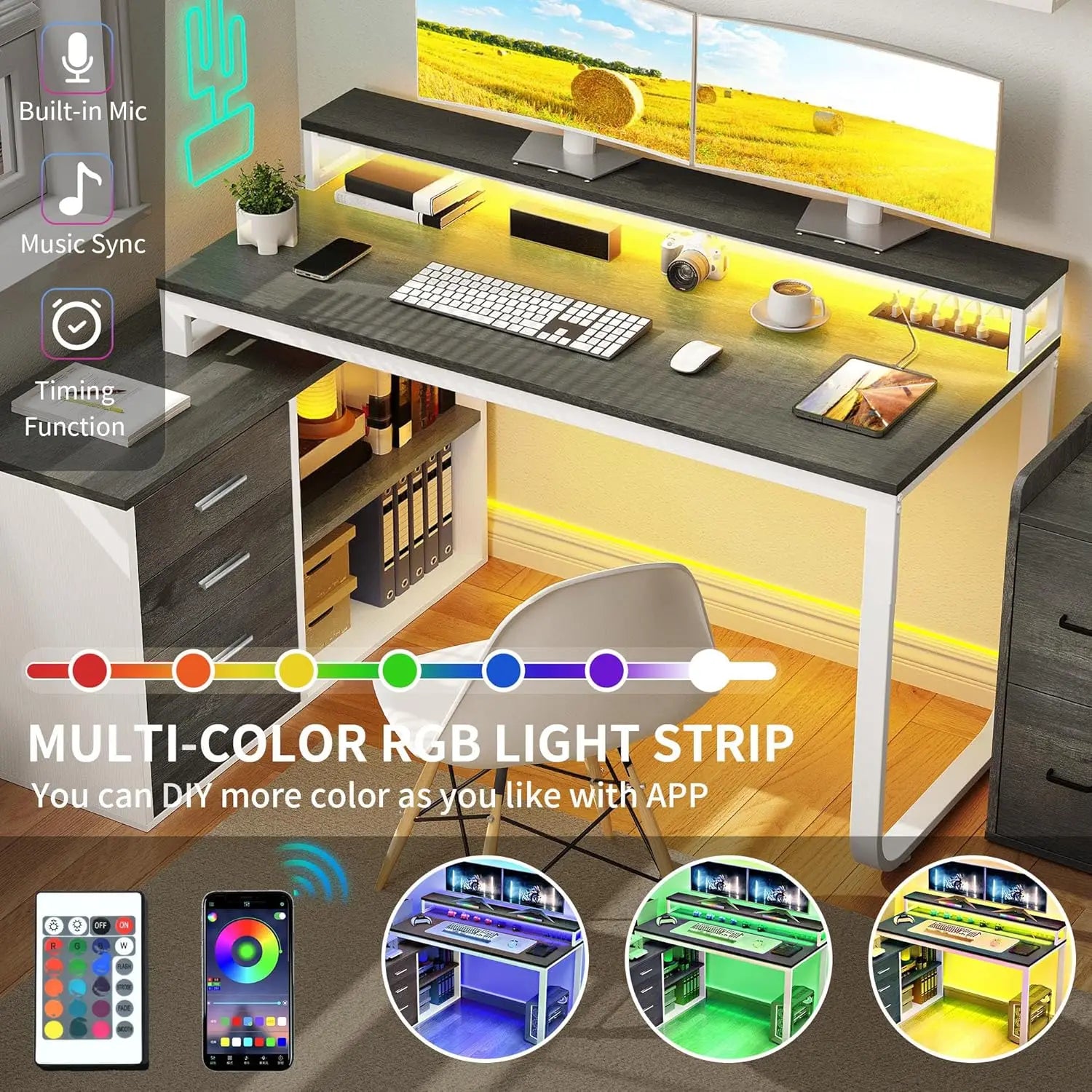 L Shaped Desk with Drawers, 55" Corner Computer Desk with Power Outlets, L-Shaped Desk with LED Lights & File Cabinet for Home O