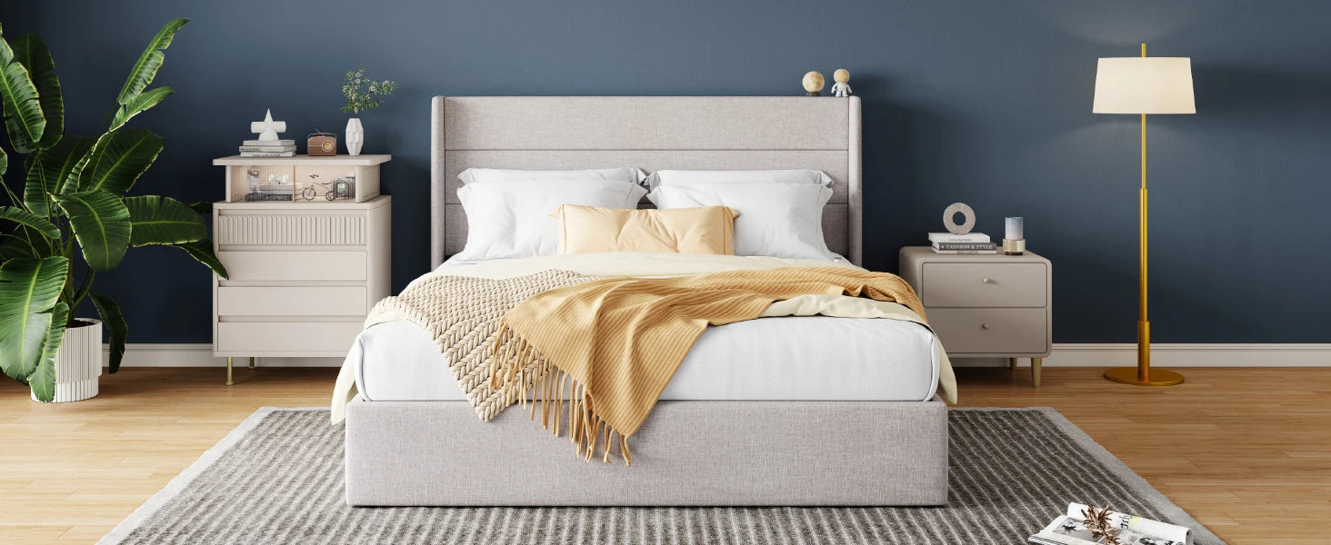 Lift Up Storage Bed with Wingback Headboard and Large Underneath Storage