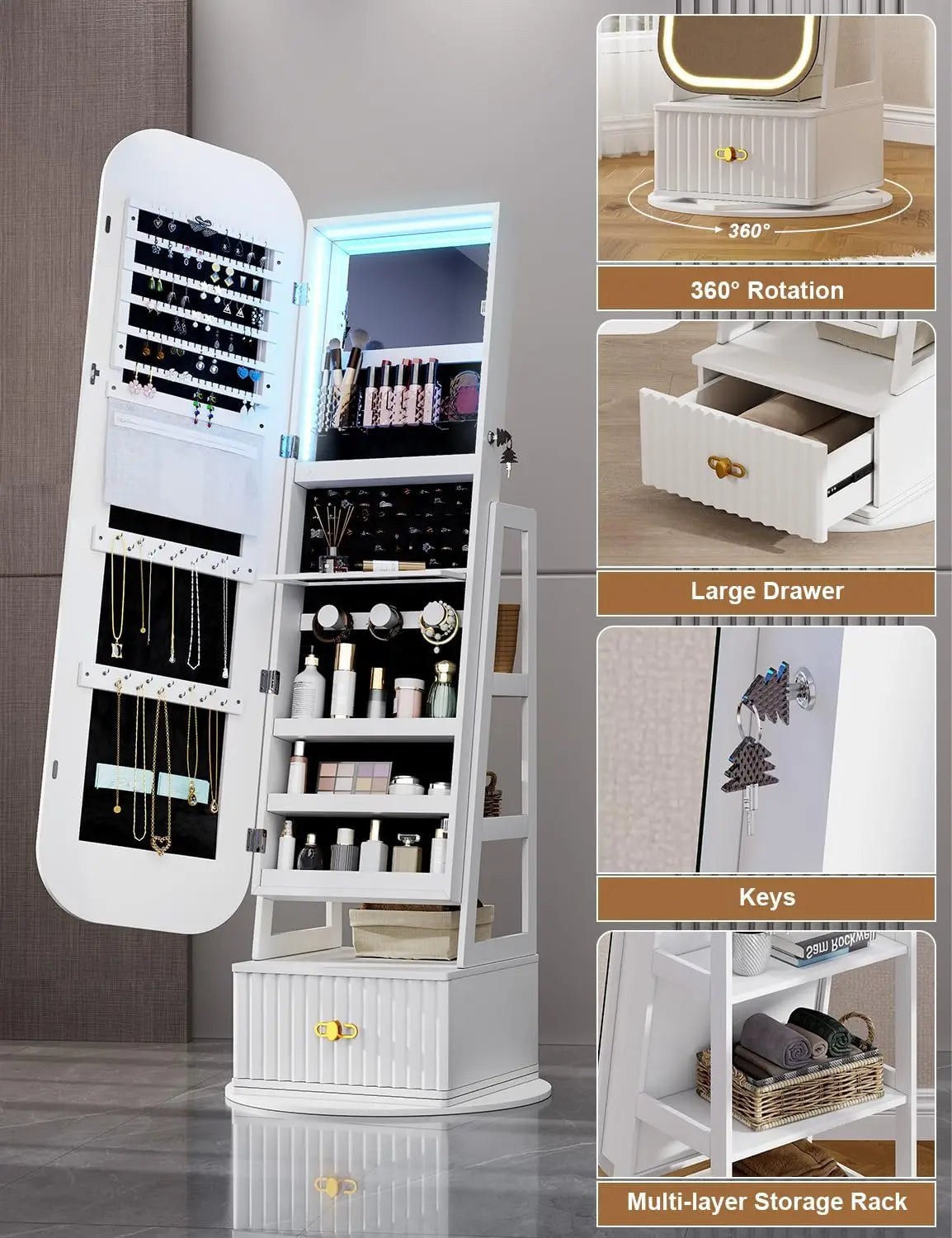 Rotatable Full-Length Mirror Jewelry Cabinet with RGB Lights & 360° Swivel – White