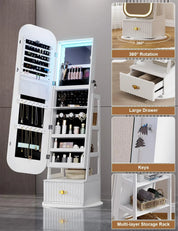 Rotatable Full-Length Mirror Jewelry Cabinet with RGB Lights & 360° Swivel – White