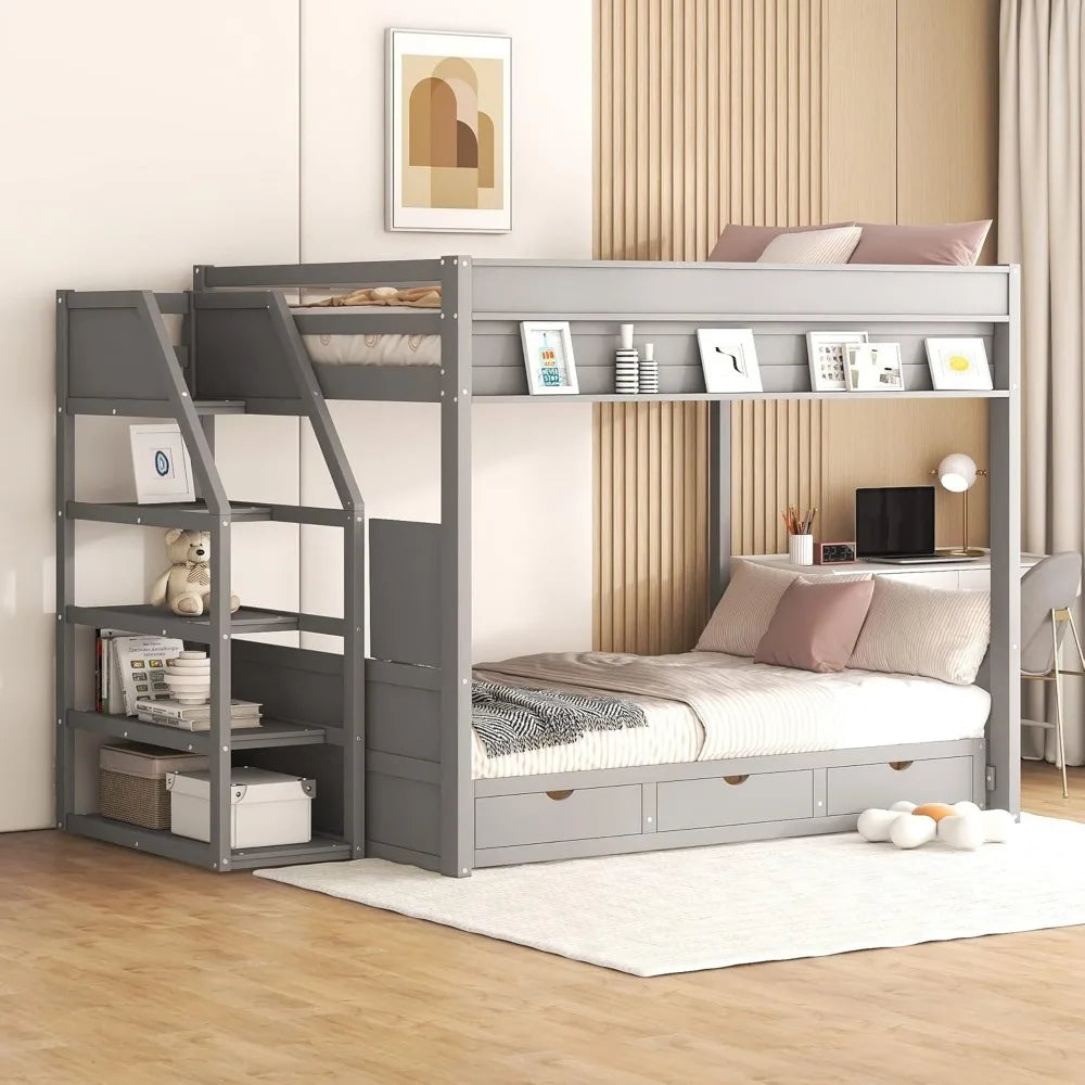 Full/Double Bunk Beds with Stairs, Built-in Small Shelf, and 3 Drawers