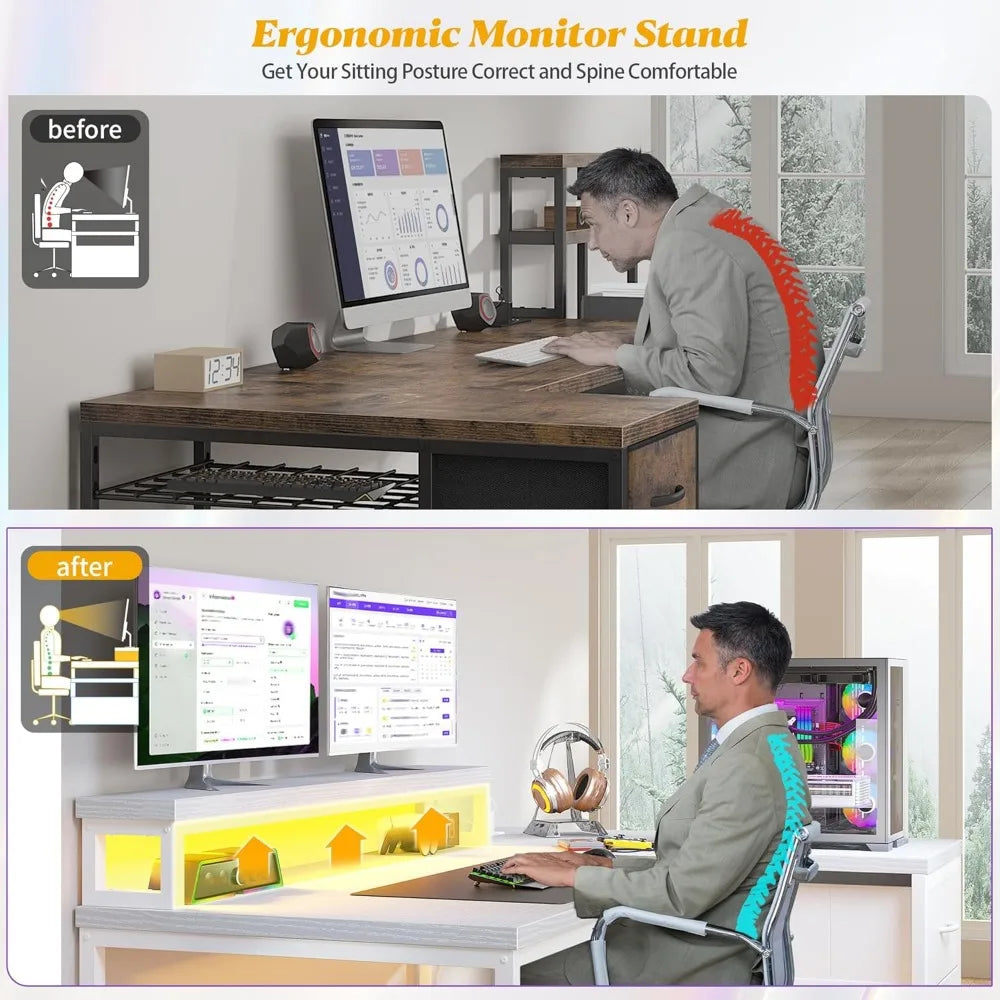 L Shaped Gaming Desk with LED & Power Outlet, 40Inch Computer Desk with Drawers Reversible Corner Desks with Monitor Stand for