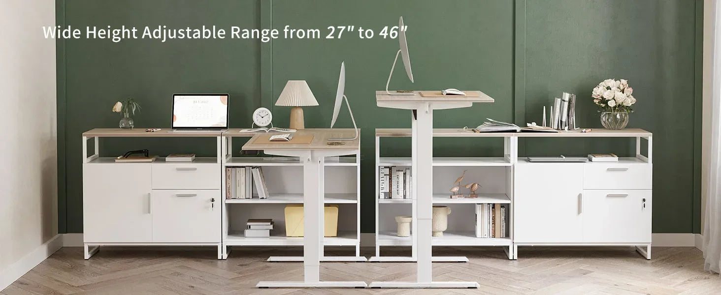 L-Shaped Executive Standing Desk with File Cabinet and Shelves, Electric Height Adjustable, Light Walnut