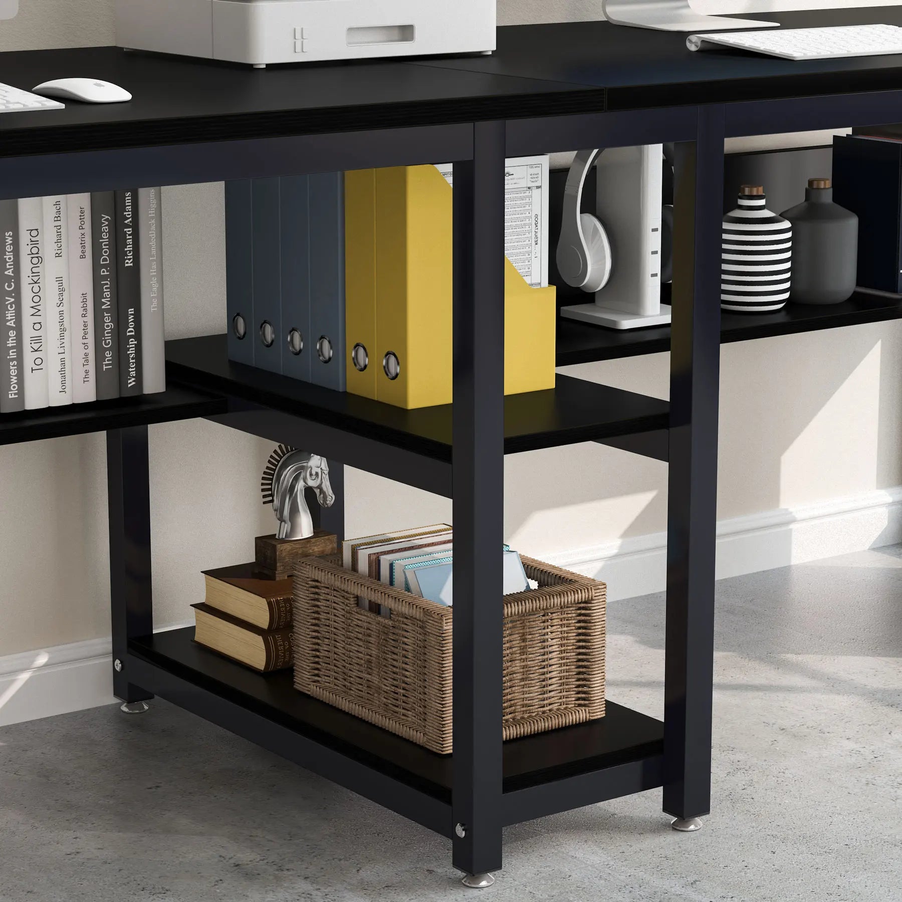 Tribesigns Two Person Desk with Bookshelf, 78.7 Computer Office Double Desk for Two Person, Rustic Writing Desk Workstation