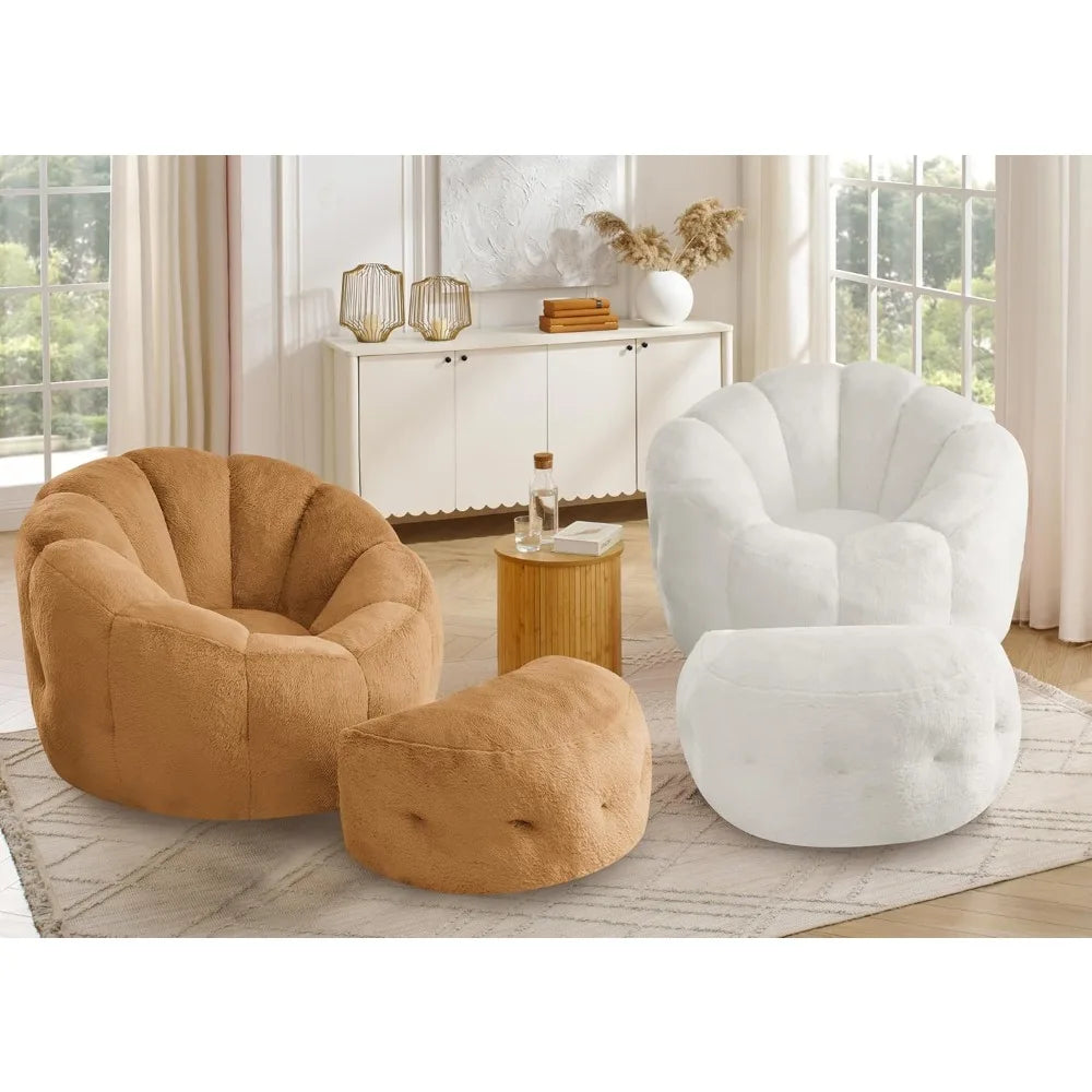 Flower Bean Bag Chair with Ottoman for Adults,Large Beanbag Chair with Artificial Rabbit Fur Fabric,Comfy Single Sofa
