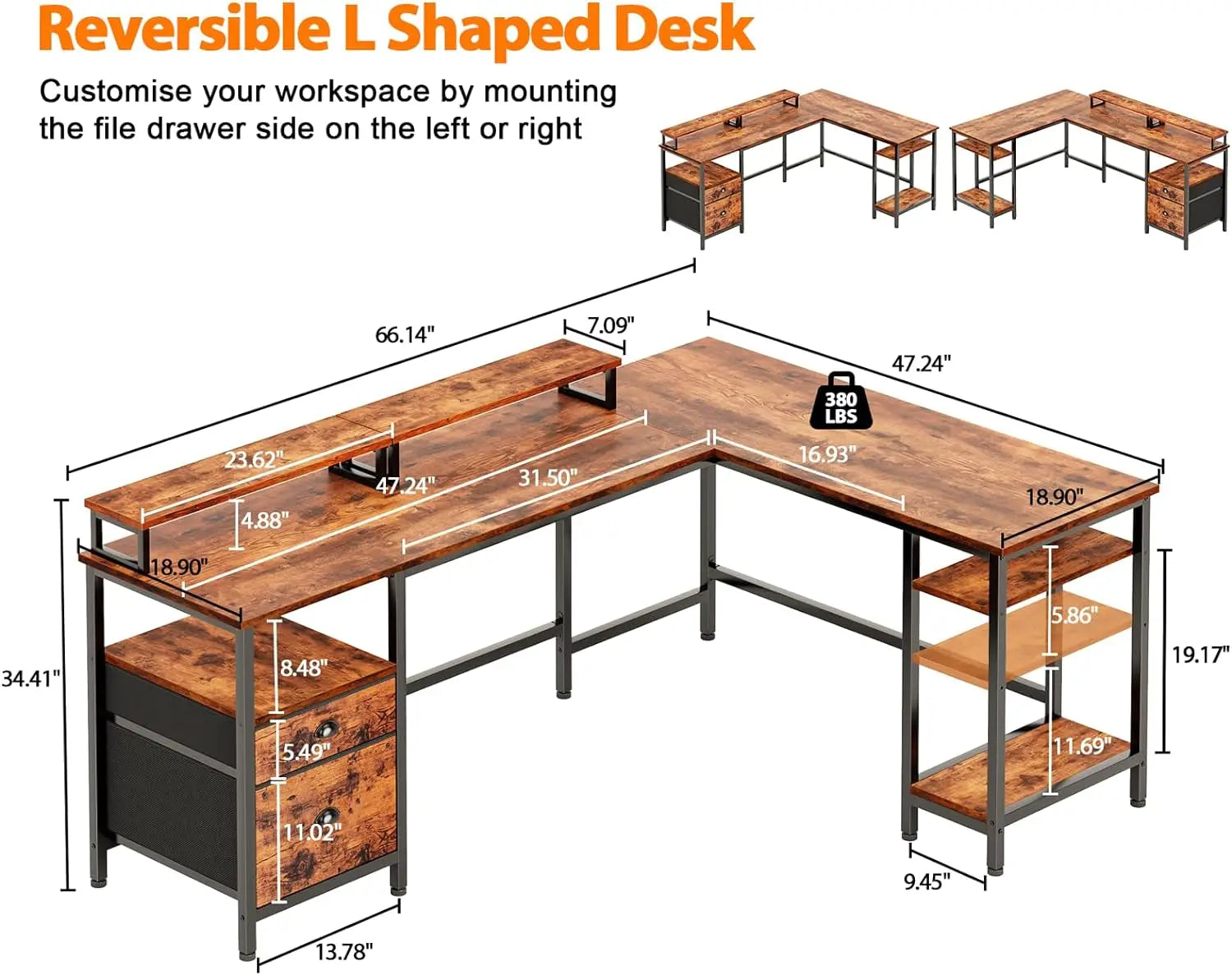 66" L Shaped Computer Desk with Shelves, Reversible Corner Gaming Desk with File Drawer and Dual Monitor Stand