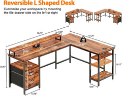 66" L Shaped Computer Desk with Shelves, Reversible Corner Gaming Desk with File Drawer and Dual Monitor Stand