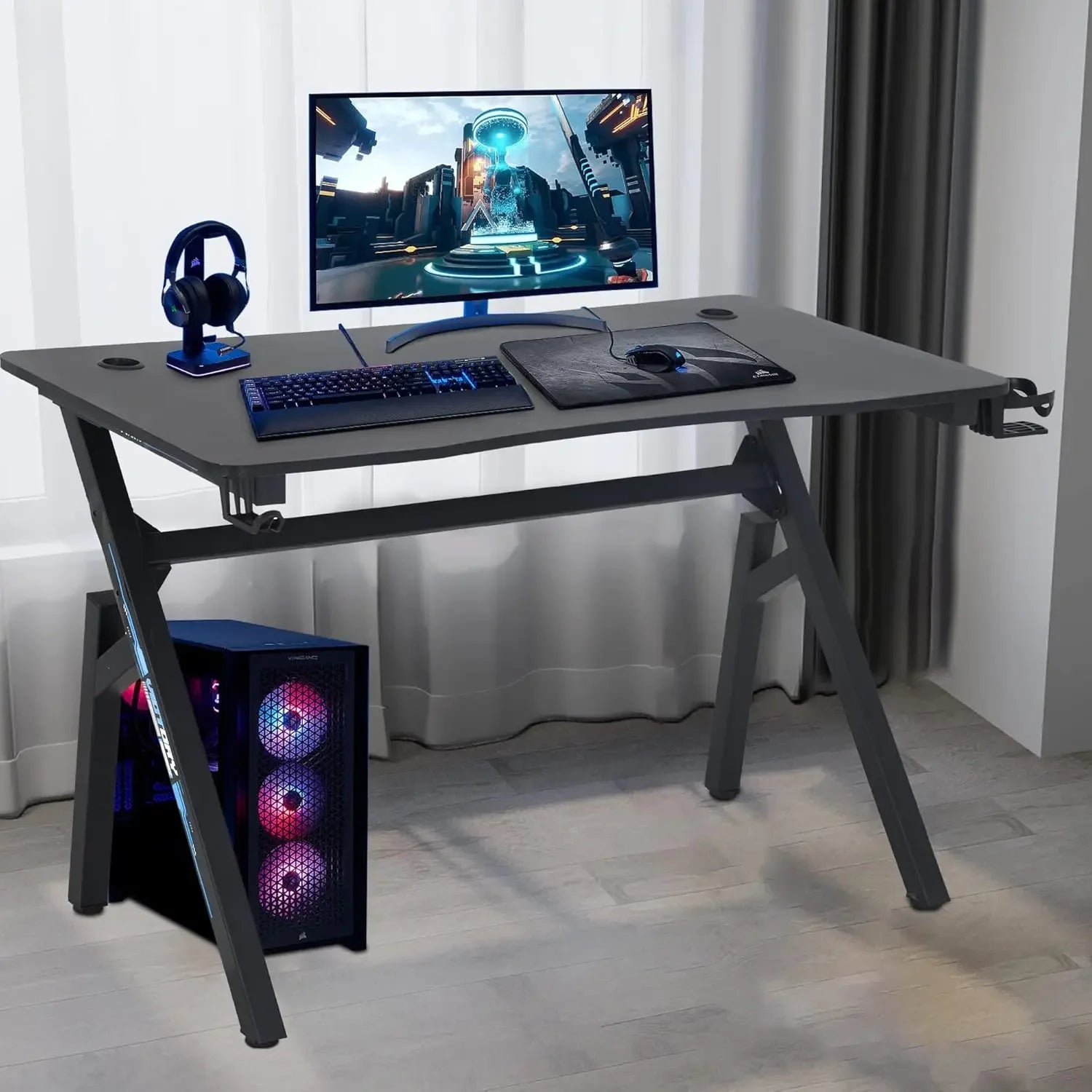 47 Inch Home Office Desk Extra Large Modern Ergonomic  PC Carbon Fiber Table Gamer Workstation with Cup Holder Headphone Hook