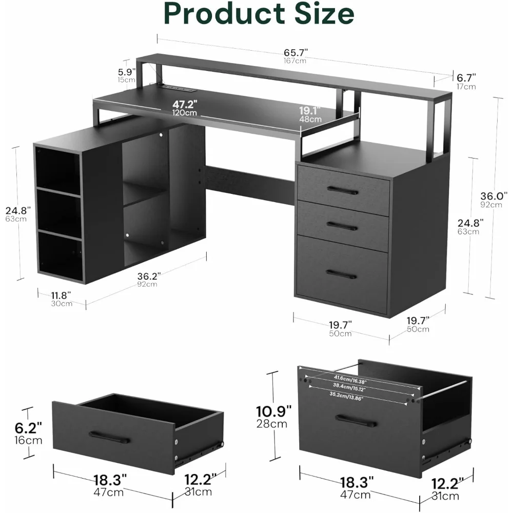 65.7" L Shaped Desk with Drawers, Corner Computer Gaming Desk with Power Outlet & LED Light, Office Desk with File Drawer