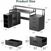 65.7" L Shaped Desk with Drawers, Corner Computer Gaming Desk with Power Outlet & LED Light, Office Desk with File Drawer