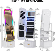 Rotatable Full-Length Mirror Jewelry Cabinet with RGB Lights & 360° Swivel – White