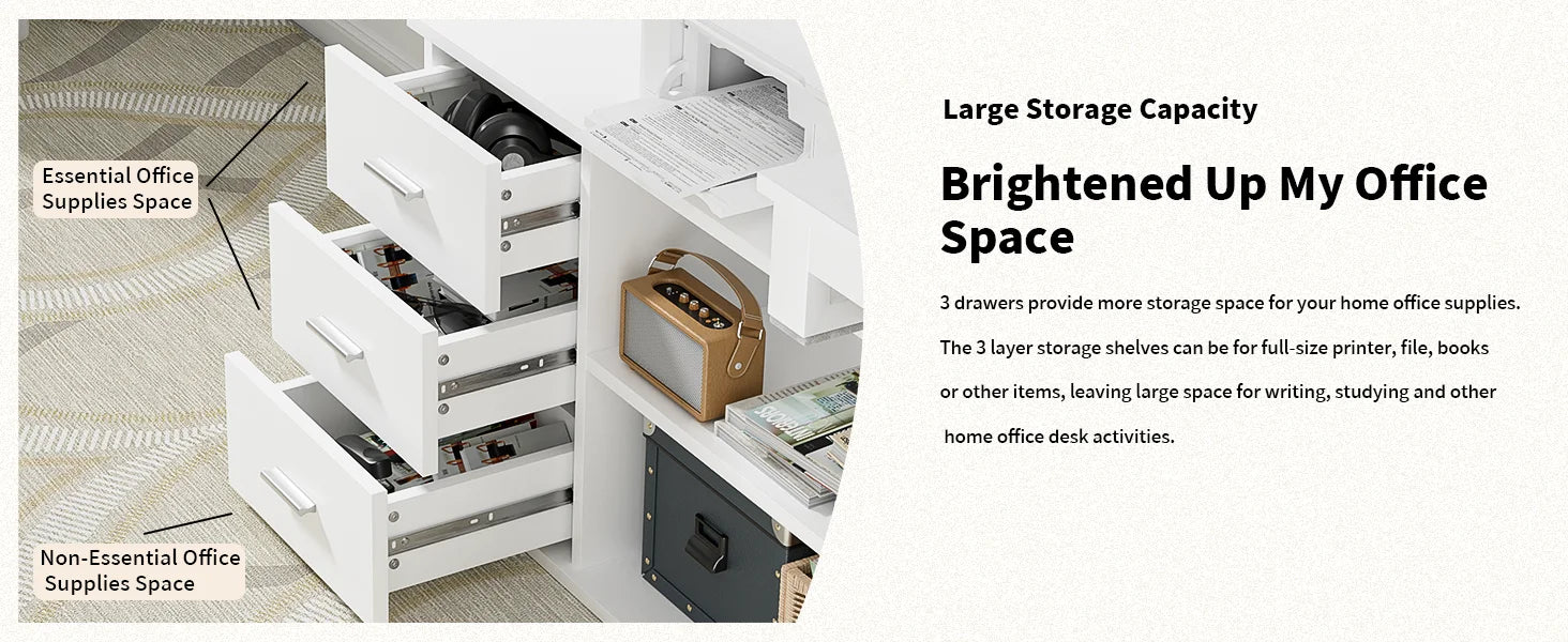 L-Shaped Desk with Drawers and Shelves, 55" Craft Desk with Storage, Removable Monitor Stand, Reversible L-Shaped Desk